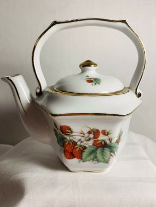 Fielder Keepsakes Fine Porcelain 1 Cup Teapot Strawberry Design W/gold Trim Euc