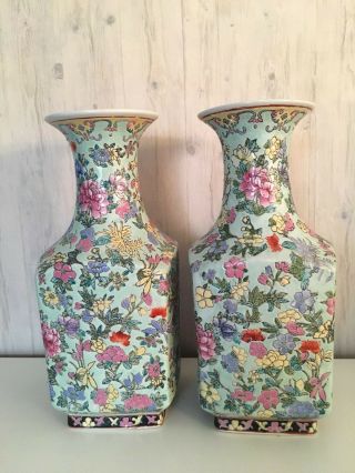 Vintage Chinese Hand Painted Famille Rose Floral Porcelain Vases