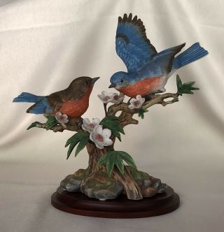 Maruri Bluebirds W/peach Blossoms Songbirds Of Beauty Fine Porcelain