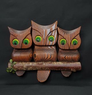 Vintage Witco Owl Cryptomeria Wood Carved Owls Burnt Wood Retro Wall Art