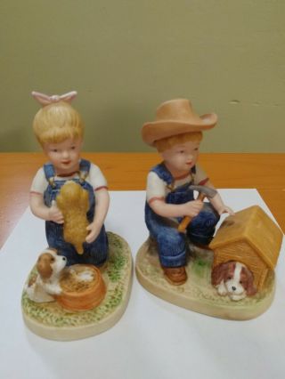 Denim Days Figurines Set Of 2,  Boy And Girl With Dog