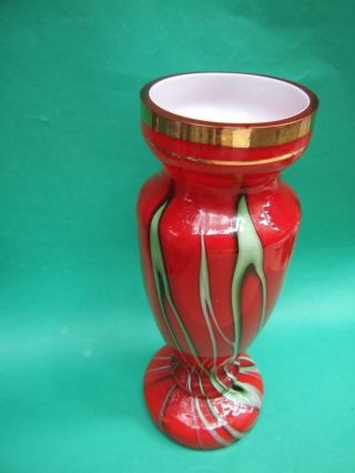 Bohemian /czech Millefiori Red Tall Art Glass Vase W Green Straps Vintage 30 
