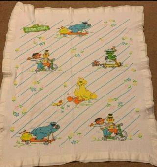 Vintage Sesame Street Big Bird & Friends Thermal Baby Crib Blanket Satin Edge