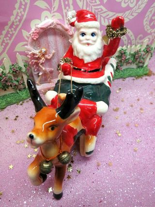 Vtg Kreiss Christmas Waving Santa Sleigh W Rudolph Reindeer W Gold Bell Collar