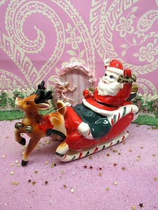 Vtg Kreiss Christmas Waving Santa Sleigh W Rudolph Reindeer W Gold Bell Collar 2