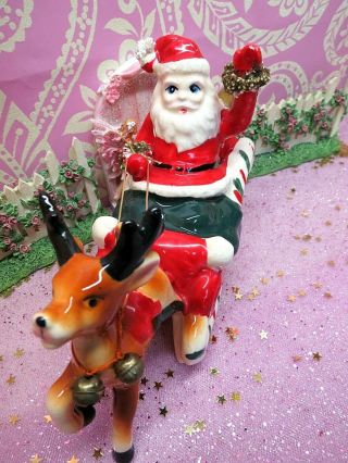 Vtg Kreiss Christmas Waving Santa Sleigh W Rudolph Reindeer W Gold Bell Collar 3