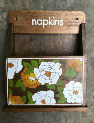 Vintage Wooden Painted Flowered Napkin Holder Wall Hanging Or Table Top