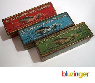 (3) Vintage Al Foss Minnow Fishing Lures W/ Tin Boxes