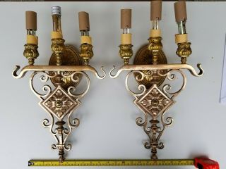 Pair Vintage Antique Brass Copper 3 Arm Classic Electric Wall Sconces 19 "