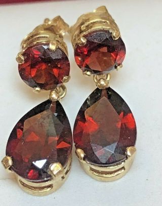 Vintage Estate 14k Gold Red Garnet Earrings Natural Drop Dangle Made In Mexico
