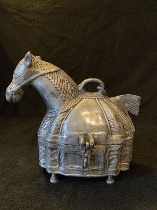 Vtg Large Dhokra Box Cast Silver Metal Horse India Craftsman Trinket Box Figure