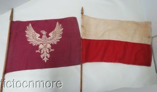 Vintage Polish - American Veteran Flag W/ Eagle National Poland Flag Set