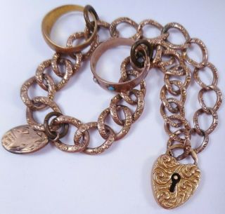 12g Antique Victorian 10k Solid Gold Charm Bracelet Heart Lock Clasp Baby Rings
