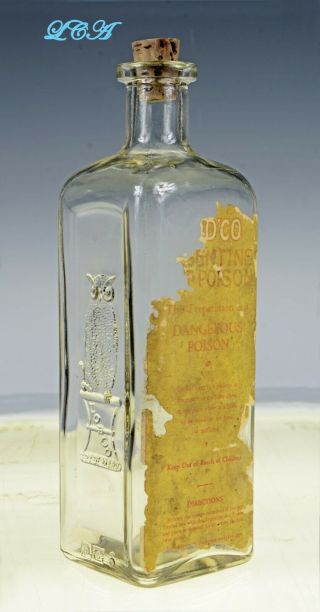 Large Square Owl Drug Co Bottle W/ Partial Poison Label And Embossed Owl