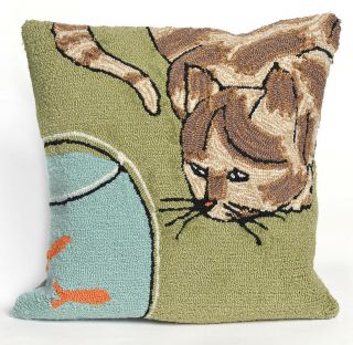 Throw Pillows - " Watchful Cat " Hand Tufted Indoor Outdoor Pillow - 18 " Square