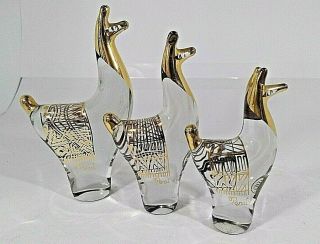 Vintage Rare Alpaca Llama Set Of 3 14kt Gold Overlay On Clear Glass Figurines