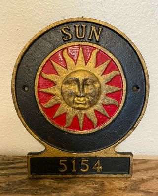 Vintage Cast Iron Sun 5154 Insurance Co Fire Mark Advertising Wall Sign Plaque