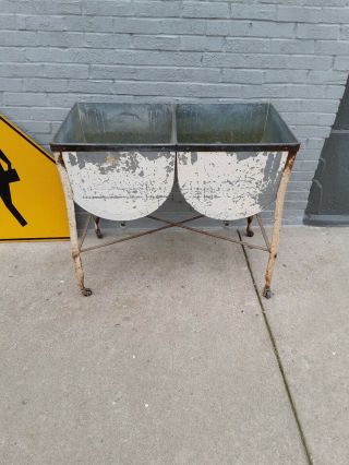 Vintage Galvanized Double Wash Tub,  With Lid,  Country Farm,  On Wheels,  Shabby