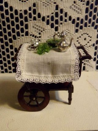 Doll House Miniatures - Wood Tea Cart - Plates Cups & Silver Service
