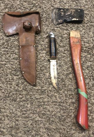 Vtg Official Boy Scout Axe Knife Leather Sheath Plumb Hatchett & Western Knife