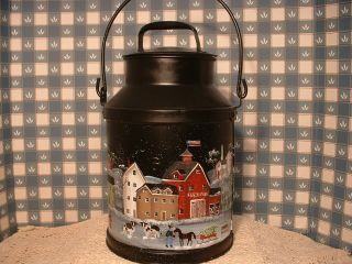 Vintage 6 Quart Metal Milk Can Winter Country Farms Cows Hand Painted Folk Art