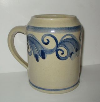 Vtg Salt Glaze Stoneware Large Mug Hand Thrown Blue Swirl Design 24 Oz