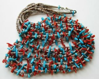 Vtg Navajo Indian Sterling Silver Coral & Turquoise Heishi 5 Strand Necklace