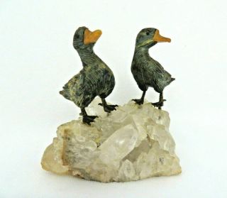 Vintage Hand Carved Gemstone Ducks Mounted On A Crystal Rock Base Figurine