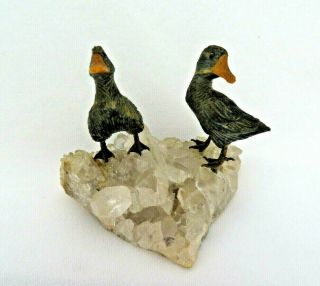 Vintage Hand Carved Gemstone Ducks Mounted on a Crystal Rock Base Figurine 2