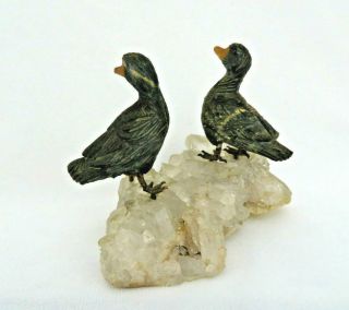 Vintage Hand Carved Gemstone Ducks Mounted on a Crystal Rock Base Figurine 3