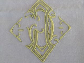 Antique Vintage French Linen Sheet Yellow Rare Art Nouveau Monogram " J "