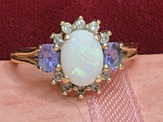 Vintage Estate 14k Gold Natural Opal Diamond Ring Engagement Signed F.  D Tanzanit