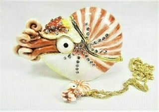 Nautilus Deep Ocean Shelled Mollusk Jeweled Pewter Trinket Box W/necklace