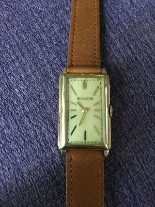 Vintage 10k Yellow Gold Filled Bulova Thin Tank Watch Immaculate