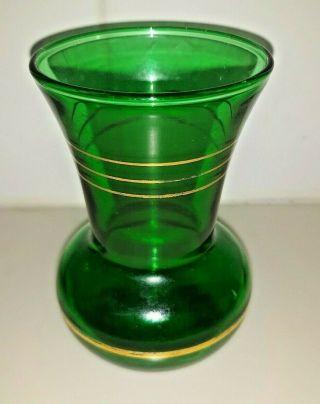 Vintage Mid - Century Emerald Green Glass Small Bud Vase Gold Stripe Trim