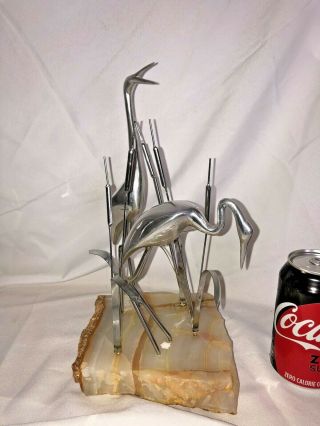 Rare Cat Tails & Cranes Chrome Table Sculpture On Slab Signed C.  Jere 11 " Tall