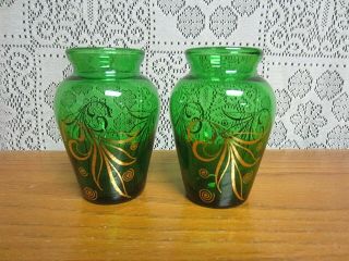 2 Vintage Emerald Green Glass Small Bud Vases W Gold Trim Design 3 1/2 " T