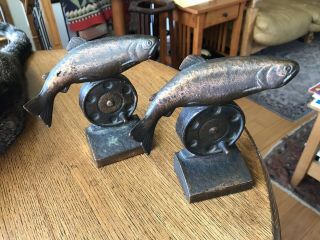 Vintage Set Pair Brass Bronze Metal Trout Unlimited Bookends Fly Rod Reel Fish