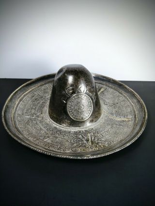 Vtg Large 7.  5 " Sterling Silver Mexican Sombrero Hat 5.  2 Oz.  Engraved Piece