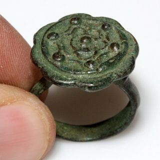 Rare Ancient Byzantine Bronze Patriarchal Decorated Ring Circa 700 - 1000 Ad