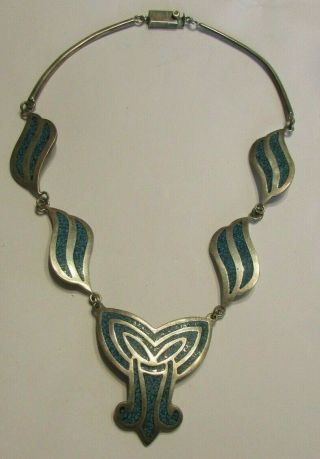 Vintage Taxco Mexico Sterling Silver Inlay Crushed Necklace Choker 16.  5 "