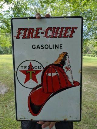 Large Vintage Dated 1962 Texaco Fire Chief Gasoline Porcelain Gas Station Sign