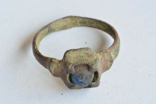Greek Roman Byzantine Medieval Bronze Ring 100 - 1200 Ad Sz 6 1/2 Blue Stone