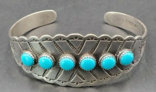 Vintage Native American Sterling Silver & 6 - Stone Turquoise Cuff Bracelet 17g