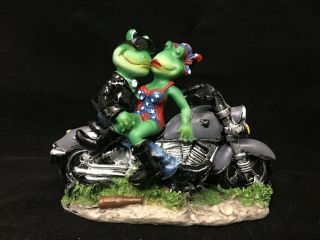 Biker Frog Couple Taking Selfie Riding Motorcycle Figurine Statue 9.  75 " Long