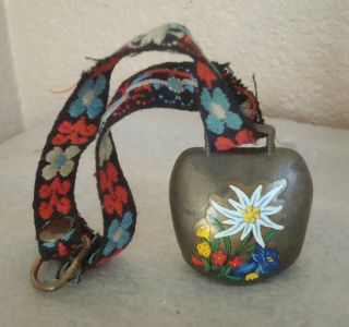 Vintage Swiss Hand Painted Metal Cow Bell W/ Embroidered Strap