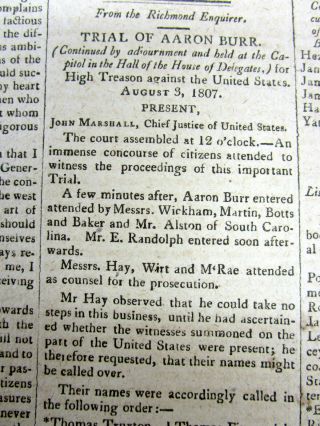 1807 newspaper w TRIAL o AARON BURR for TREASON Western US Territory Conspiracy 2