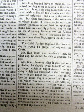 1807 newspaper w TRIAL o AARON BURR for TREASON Western US Territory Conspiracy 3