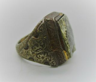 Antique Post Medieval Silvered Bronze Ring With Stone Insert