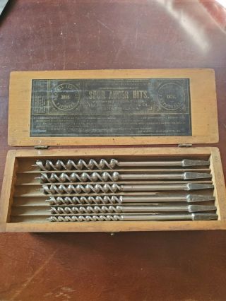 Vintage Russell Jennings Steel Spur Auger Bits Set In 3 Tier Wood Box
